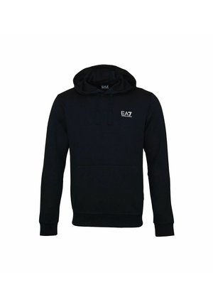 Schwarzer Kapuzenpullover mit Fronttasche und weißem EA7 Emporio Armani Logo auf der linken Brust.