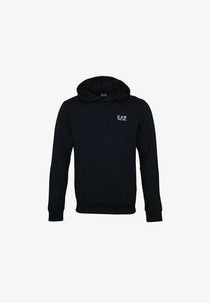 Sort hættetrøje med forlommer og hvid EA7 Emporio Armani-logo på venstre bryst.