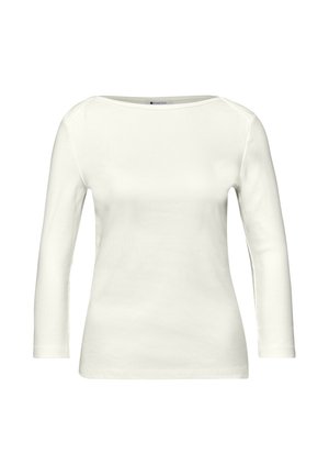 Weißes Langarm-Oberteil für Damen mit U-Boot-Ausschnitt, figurbetonter Silhouette und sichtbarem "Street One"-Label im Kragen.