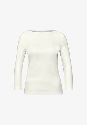 Weißes Langarm-Oberteil für Damen mit U-Boot-Ausschnitt, figurbetonter Silhouette und sichtbarem "Street One"-Label im Kragen.