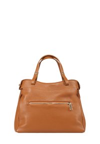 Brown leather handbag with a textured finish, rounded shape, two short handles, and a front zipper pocket.