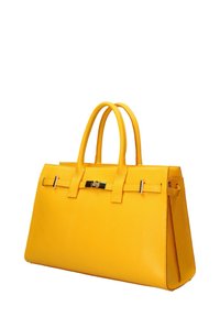 Borsa a tracolla gialla in pelle con design strutturato, due manici superiori, accenti in metallo dorato e finitura texturizzata. Presenta una chiusura a gancio.