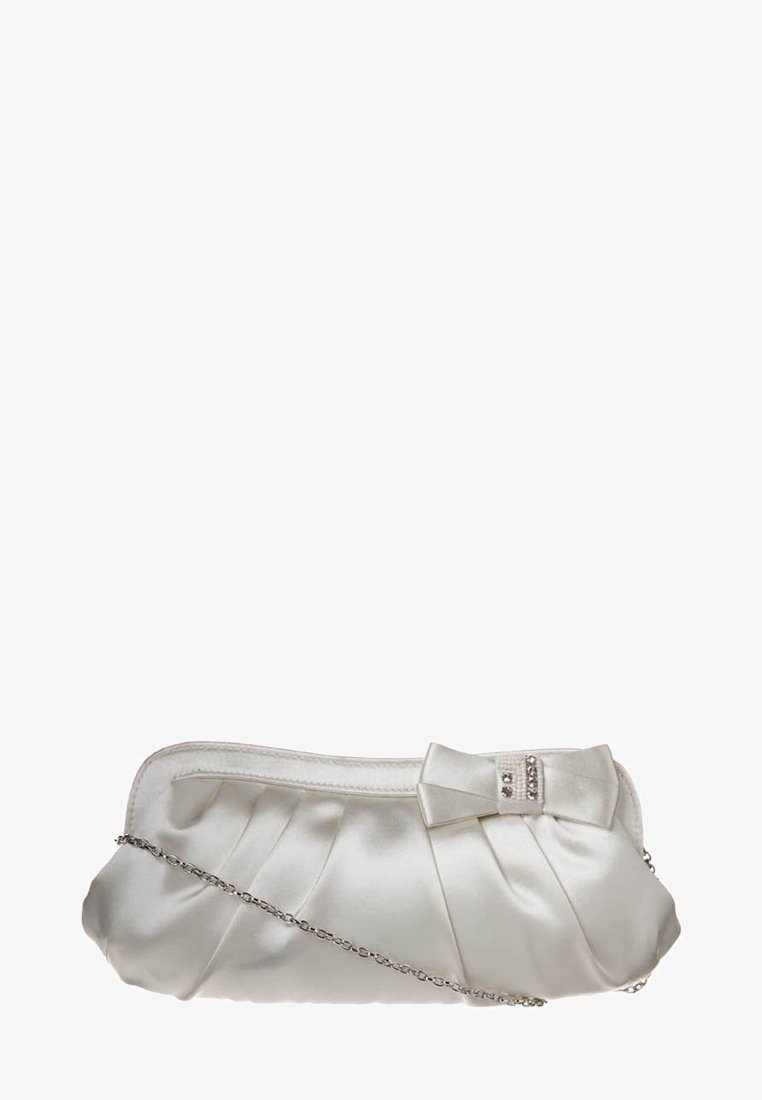 White satin clutch bag with pleated design, a bow accent, and silver chain strap. Features crystal details on the bow. Compact and elegant shape.