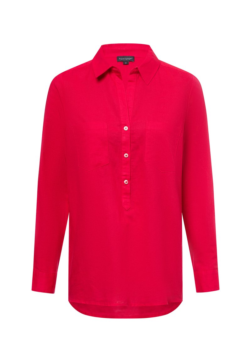 Langärmliges, leuchtend pinkes Shirt mit kragenlosem Ausschnitt, vorderem Knopfverschluss, zwei Brusttaschen und abgerundetem Saum. Glatte Textur.