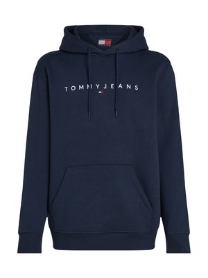 Mørkeblå hettegenser med frontlomme, snor og hvit "TOMMY JEANS" tekst samt en liten rød, hvit og blå logo på brystet.