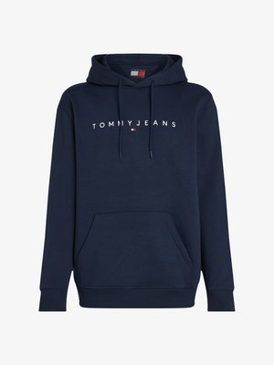 Felpa blu navy con tasca frontale, cordini e testo bianco "TOMMY JEANS" con piccolo logo rosso, bianco e blu sul petto.