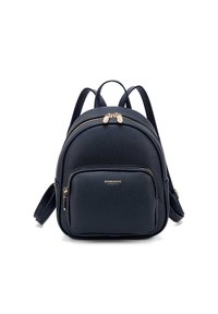 Donkerblauwe neplederen rugzak met gouden ritsen, een voorvak en verstelbare schouderbanden; heeft een gestructureerd oppervlak en een ronde vorm.