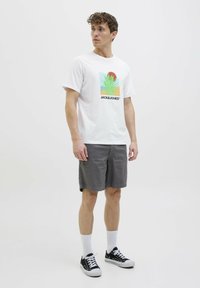 Camiseta de algodón blanca con un gráfico colorido de piña y sol, combinada con pantalones cortos grises. El modelo lleva zapatillas negras y calcetines blancos.