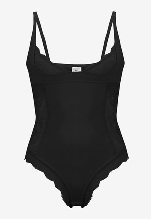 Sort bodysuit med en glat stofkvalitet og blonder detaljer på siderne og toppen. Justerbare tynde stropper og en lav rygdesign.