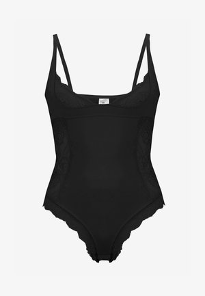 Sort bodysuit med en glat stofkvalitet og blonder detaljer på siderne og toppen. Justerbare tynde stropper og en lav rygdesign.