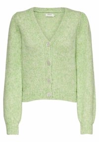 Hellgrüne Strickjacke mit V-Ausschnitt, langen Ärmeln und fünf Knöpfen vorne. Leicht strukturierter Stoff mit kurzem Schnitt.