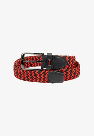 Braided red and black belt with black leather ends and a silver rectangular buckle, rolled up on a white background.