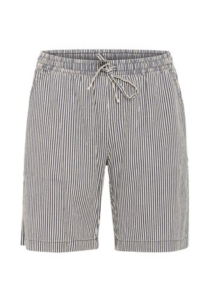 Short en coton rayé vertical bleu et blanc avec taille élastique et cordon à nouer à l'avant.