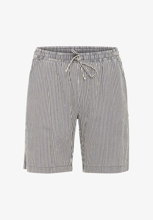 Modro-biele bavlnené krátke nohavice s vertikálnymi pruhmi, elastickým pásom a šnúrkou vpredu.