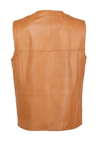 Bruin leren vest met een gladde textuur, mouwloos ontwerp en meerdere gestikte panelen op de rug. Schone randen, geen beslag of accenten.