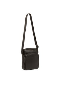 Borsa a tracolla in pelle nera con tracolla regolabile, scomparto principale con zip e tasca frontale. Texture liscia e design rettangolare elegante.