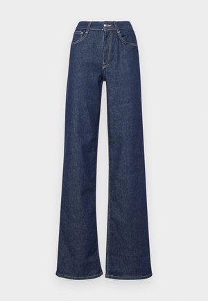 Široke traperice tamnoplave boje, s visokim strukom, prednjim džepovima, vidljivim šavovima i čistim završetkom na rubovima.