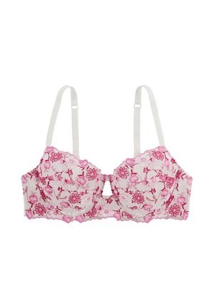 Soutien-gorge blanc avec broderie florale rose, bretelles réglables et bonnets à armatures, présenté sur un fond blanc.