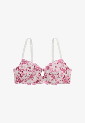 Soutien-gorge blanc avec broderie florale rose, bretelles réglables et bonnets à armatures, présenté sur un fond blanc.