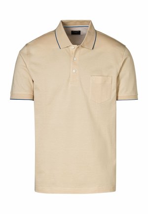 Beiges Poloshirt aus Baumwollmischung, mit Kragen, Dreiknopfleiste, linkem Brusttaschen und marineblauem Akzent am Kragen und an den Ärmeln.