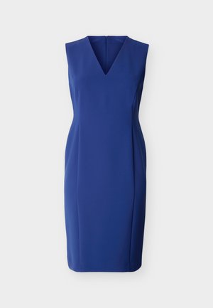 Sukienka bez rękawów o długości do kolan w kolorze królewskiego błękitu, z dekoltem w serek i suwakiem z tyłu, dopasowany fason, gładka tkanina, bez wzorów i zdobień.