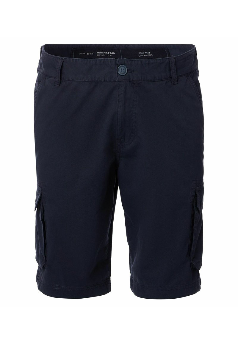 Marine cargo shorts van lichtgewicht stof met knoopsluiting, zijzakken en een losse pasvorm; gladde textuur en ontwerp tot aan de knie.