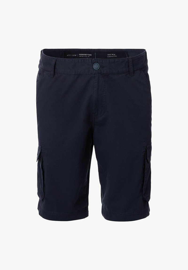 Marine cargo shorts van lichtgewicht stof met knoopsluiting, zijzakken en een losse pasvorm; gladde textuur en ontwerp tot aan de knie.