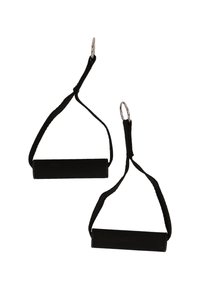 Svarta träningsband med skumhandtag, fästa vid tygöglor med metallringar. Designade för styrketräning och gymanvändning.