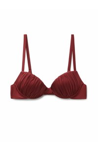 Bordowy biustonosz z wyściełaniem, marszczonymi detalami, regulowanymi ramiączkami i gładkim wykończeniem tkaniny. Miękka tekstura i ukształtowany fason.