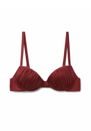 Bordeauxroter gepolsterter BH mit Raffung, verstellbaren Trägern und einem glatten Stofffinish. Weiche Textur und strukturierte Form.