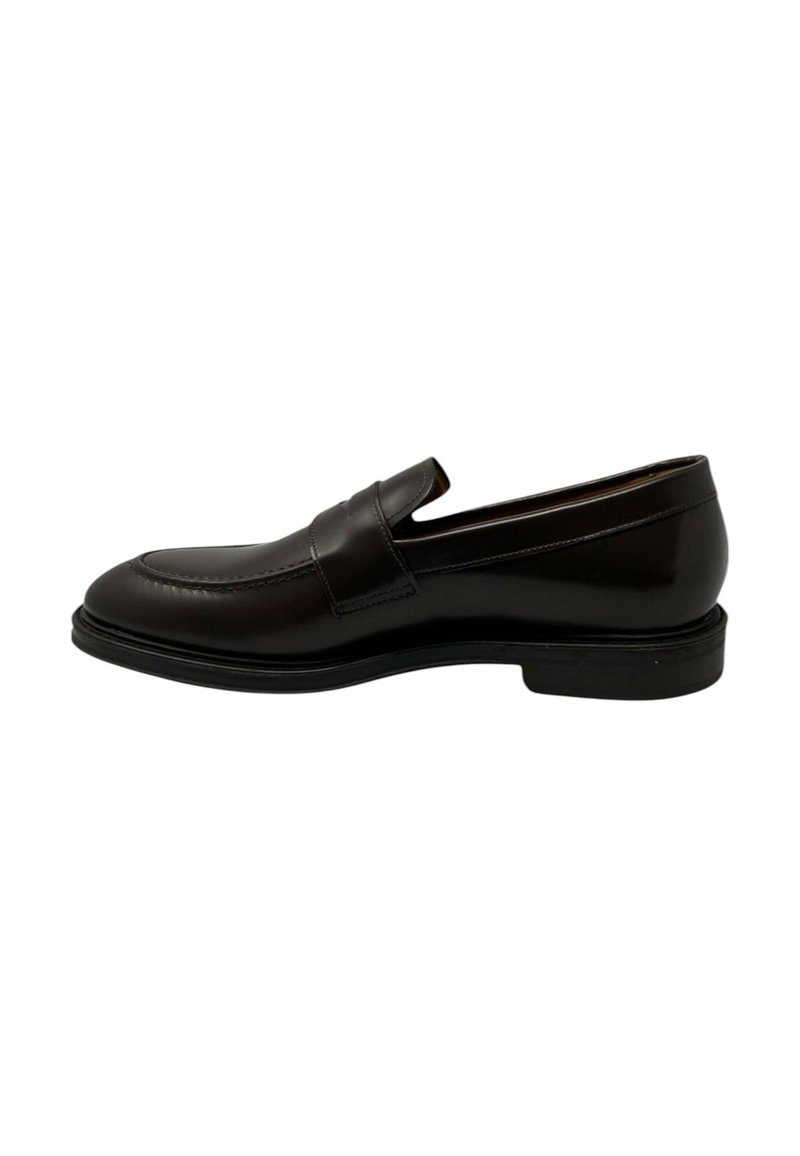 Scarpe penny loafer in pelle marrone scuro con tacco basso e punta rotonda su sfondo bianco, vista laterale.