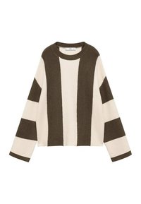 Pull-over texturé en crème et vert foncé, présentant un motif à rayures en blocs, des manches longues et un col rond.