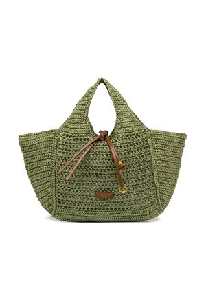 Sac cabas tissé vert avec anses larges, lien coulissant en cuir marron et petite étiquette de marque rectangulaire au centre devant.