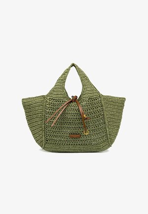 Borsa tote verde intrecciata con ampi manici, coulisse in pelle marrone e piccola etichetta rettangolare del marchio al centro davanti.