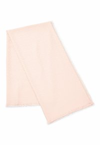 Sciarpa rosa chiaro realizzata in materiale morbido, con sottili motivi in rilievo e bordi frangiati per dare texture. Forma rettangolare.