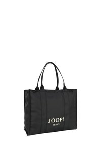 Czarna torba na ramię wykonana z wytrzymałego materiału, z podwójnymi uchwytami i wyraźnym logo "JOOP! JEANS" w kontrastowym białym kolorze.