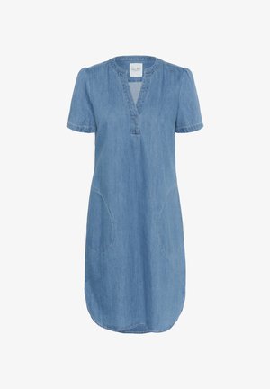 Jeansowa sukienka z krótkimi rękawami, otwartym dekoltem, dwiema zaokrąglonymi kieszeniami z przodu i lekko rozszerzonym dołem. Kolor jasnoniebieski o gładkiej fakturze.