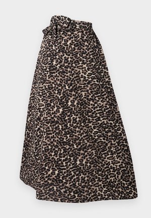 Tamsiai rudos ir juodos leopardų rašto maxi sijonas, pagamintas iš minkštos medžiagos, su juosmeniu, kurį galima surišti, ir klostuotais elementais, suteikiančiais laisvą siluetą.