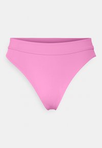 Rózsaszín bikini alsó sima, rugalmas anyagból. Magas szabású láb vonallal és széles derékpánttal rendelkezik a kényelmes illeszkedés érdekében.