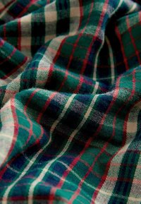 Ruitstof met groene, rode en witte kleuren, met een houndstooth-patroon en een zachte textuur, die gekreukte plooien vertoont.