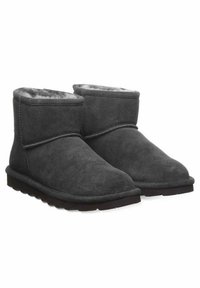 Grau Wildlederschuhe mit einem weichen, pelzgefütterten Innenraum. Runde Zehenpartie, flache schwarze Gummisohle und einfache gesteppte Details auf dem Obermaterial.