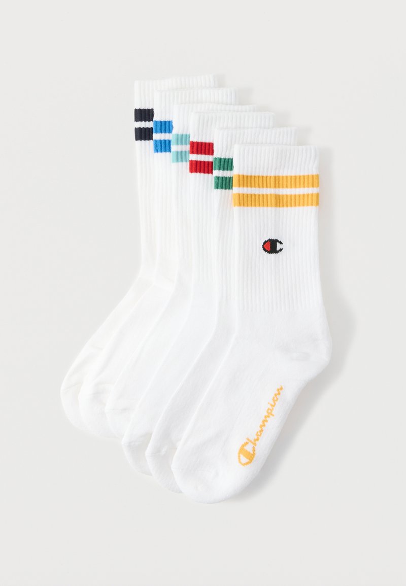 Σετ λευκές αθλητικές κάλτσες, με διάφορες ρίγες σε μαύρο, μπλε, πράσινο, κόκκινο και κίτρινο. Κεντημένο λογότυπο σε μαύρο και πορτοκαλί.