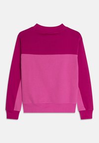 Felpa strutturata in tonalità di rosa, con maniche lunghe e scollo tondo. Il design presenta un motivo a blocchi di colore con sfumature diverse.