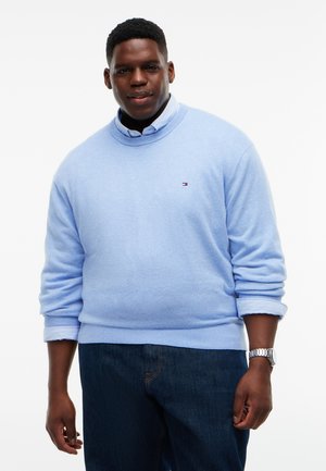 Uomo che indossa un maglione azzurro chiaro sopra una camicia con collo e jeans scuri, in piedi davanti a uno sfondo bianco uniforme.