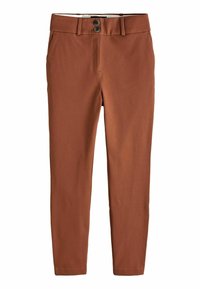 Pantalones de mezcla de algodón marrones con un ajuste slim, que presentan un cierre frontal de botón, presillas para cinturón y una textura suave.