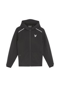 Schwarze Jacke mit durchgehendem Reißverschluss und Kapuze, gefertigt aus einem glatten, wasserabweisenden Material. Verfügt über kontrastierende weiße Akzente und ein aufgesticktes Logo auf der Brust.