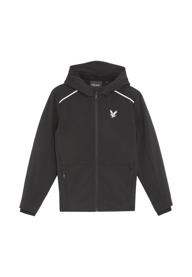 Schwarze Jacke mit durchgehendem Reißverschluss und Kapuze, gefertigt aus einem glatten, wasserabweisenden Material. Verfügt über kontrastierende weiße Akzente und ein aufgesticktes Logo auf der Brust.