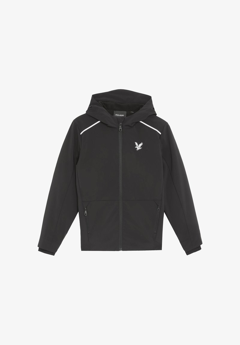 Schwarze Jacke mit durchgehendem Reißverschluss und Kapuze, gefertigt aus einem glatten, wasserabweisenden Material. Verfügt über kontrastierende weiße Akzente und ein aufgesticktes Logo auf der Brust.