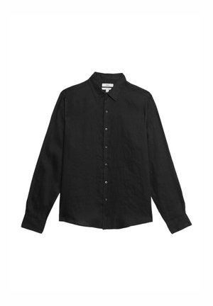 Black long-sleeve button-up shirt with collar, displayed flat against white background.