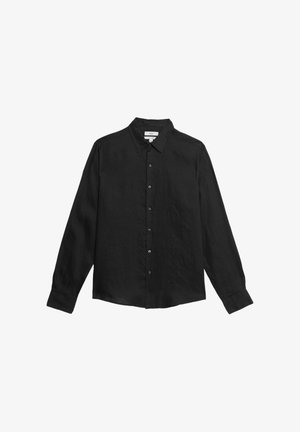 Black long-sleeve button-up shirt with collar, displayed flat against white background.